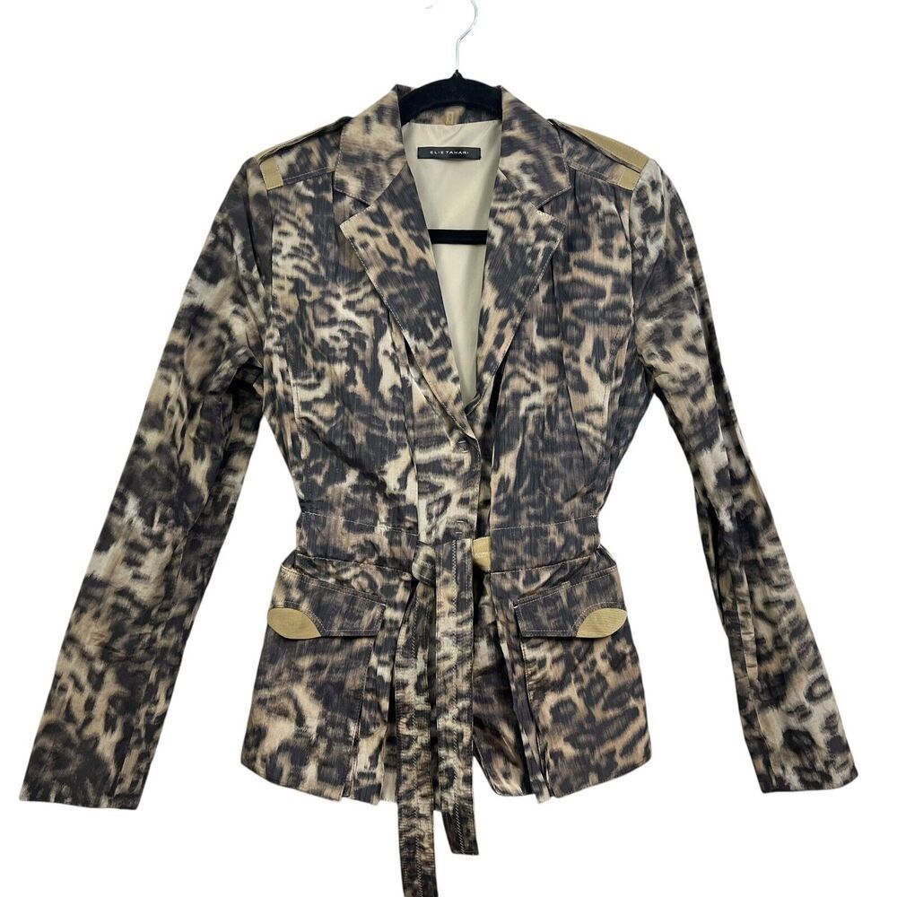 Elie Tahari Womens Jacket Animal Print Lightweight Belted Lined Flap Pockets XS*